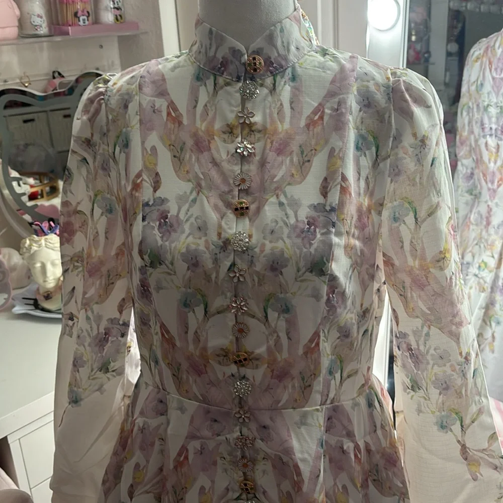 Women's Floral Print Dress Stand Collar Long Sleeve and floral Belt. - Picture 2 of 7